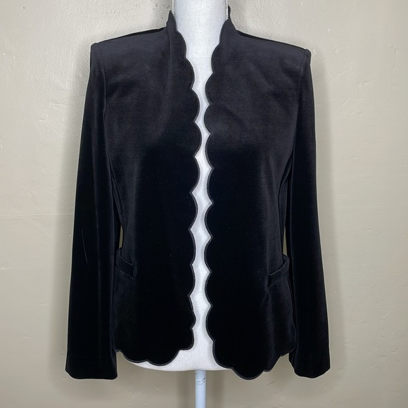 VINTAGE ACT 11 Velvet Blazer Black Scalloped Edges Open Front Glam Timeless Sz 8 - Picture 1 of 13